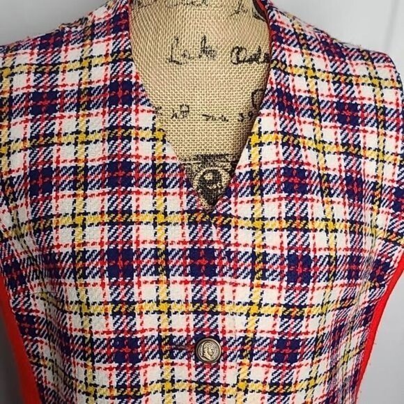 Vintage 50s 60s Handmade Red Blue Yellow Plaid Vest Unisex Napolean Buttons - Picture 2 of 12